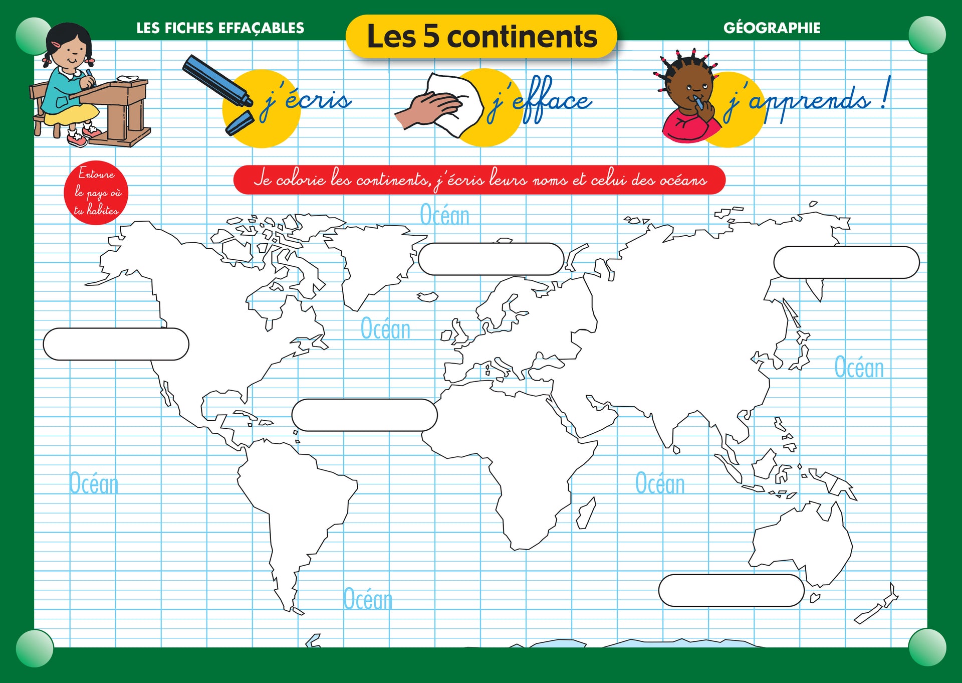 FICHE EFFAÇABLE LES 5 CONTINENTS