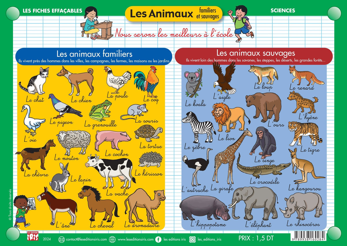Fiche effaçable les animaux familiers et sauvages, version française — Éditions Iris