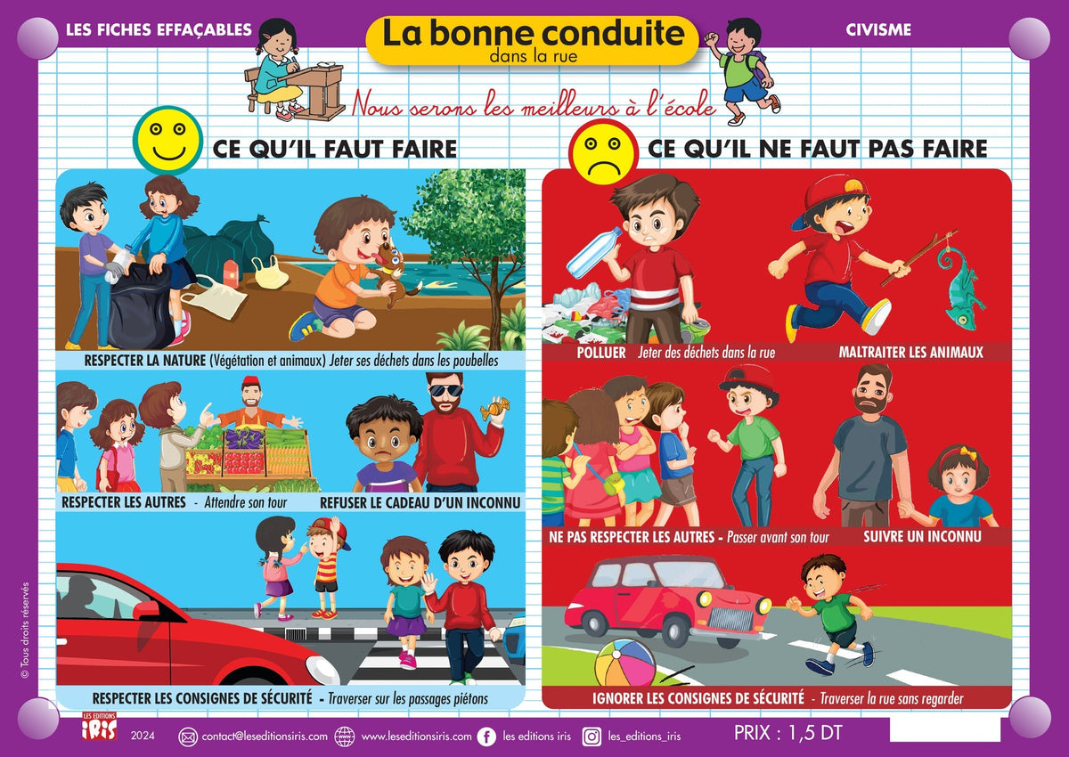 Fiche effaçable la bonne conduite dans la rue, version française — Éditions Iris