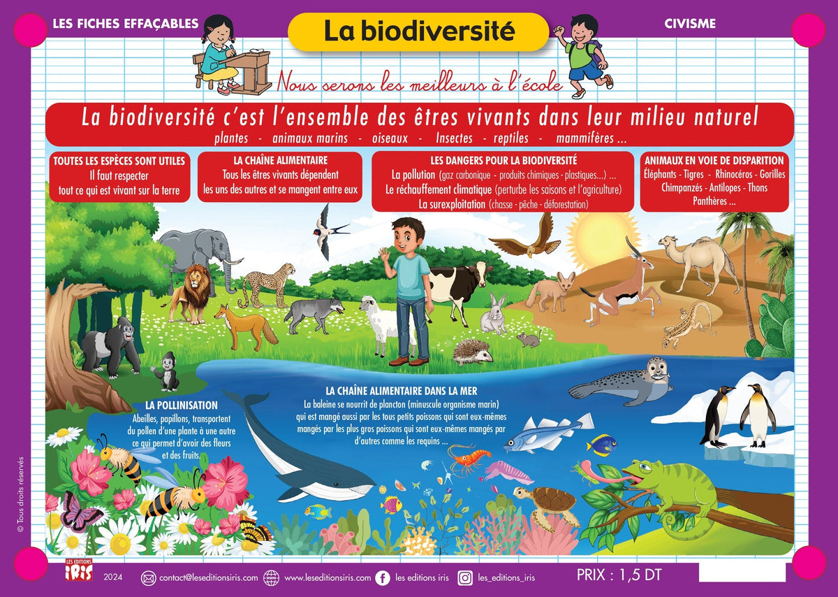 Fiche effaçable la biodiversité, version française — Éditions Iris