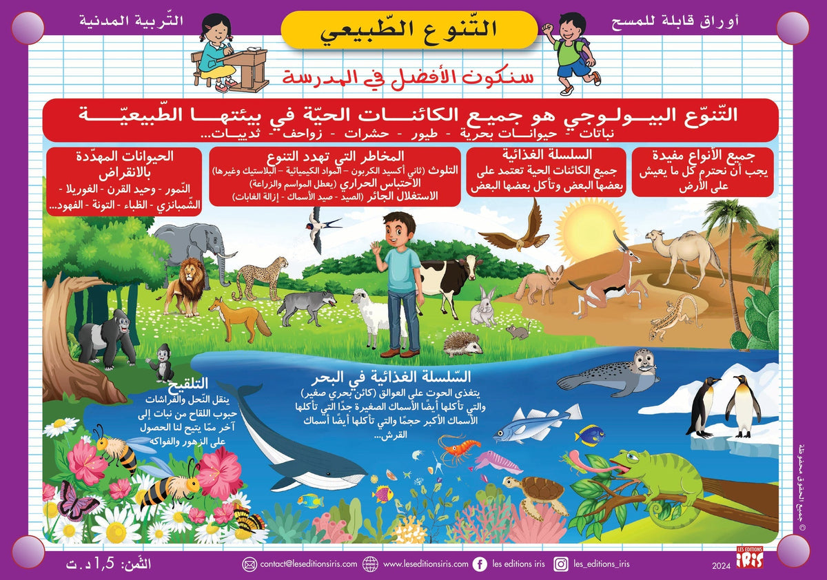 Fiche effaçable en arabe sur la biodiversité — Éditions Iris